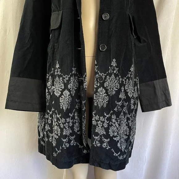 🚫SOLD🚫 VTG Y2K DKNY Jeans Black Velvet Long Coat w/ Pockets Grey Baroque - Picture 4 of 16